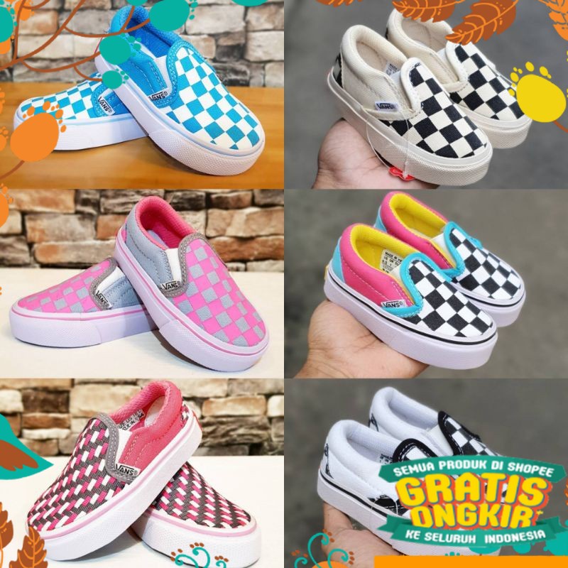 HITAM PUTIH MERAH BIRU KUNING HIJAU / SEPATU KIDS ANAK VANS SLIP ON SIZE 16-35