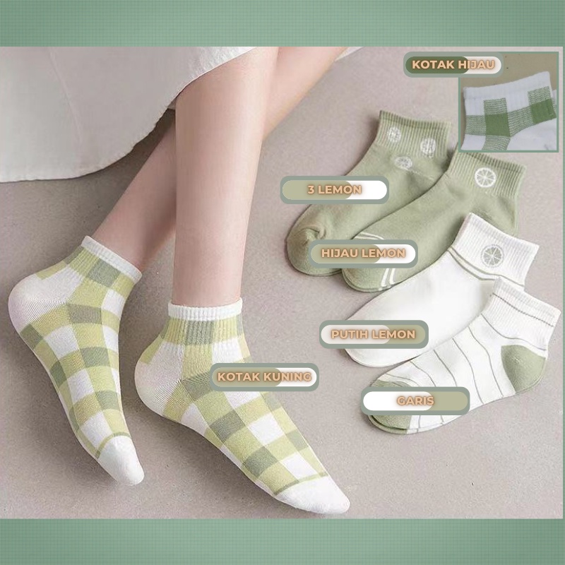 ✅COD [BBS] Kaos Kaki Wanita Motif Lemon Hijau Lumut Kotak Fashion Korea Women Sock Import