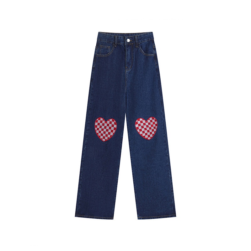 New high waist biru love korean style kulot celana jeans panjang wanita