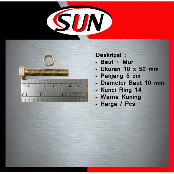 Baut Mur Kuning 10 X 50 Mm ( 5 Cm ) Kunci Mur 14 Mm