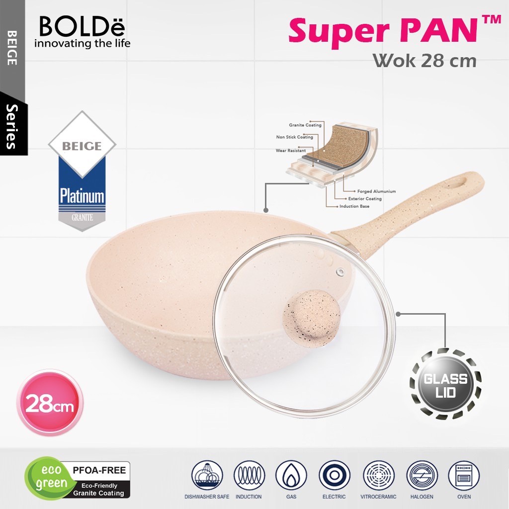 Wajan Tutup Kaca BOLDe Super Pan Wok Pan Granite 28 CM + LID Beige