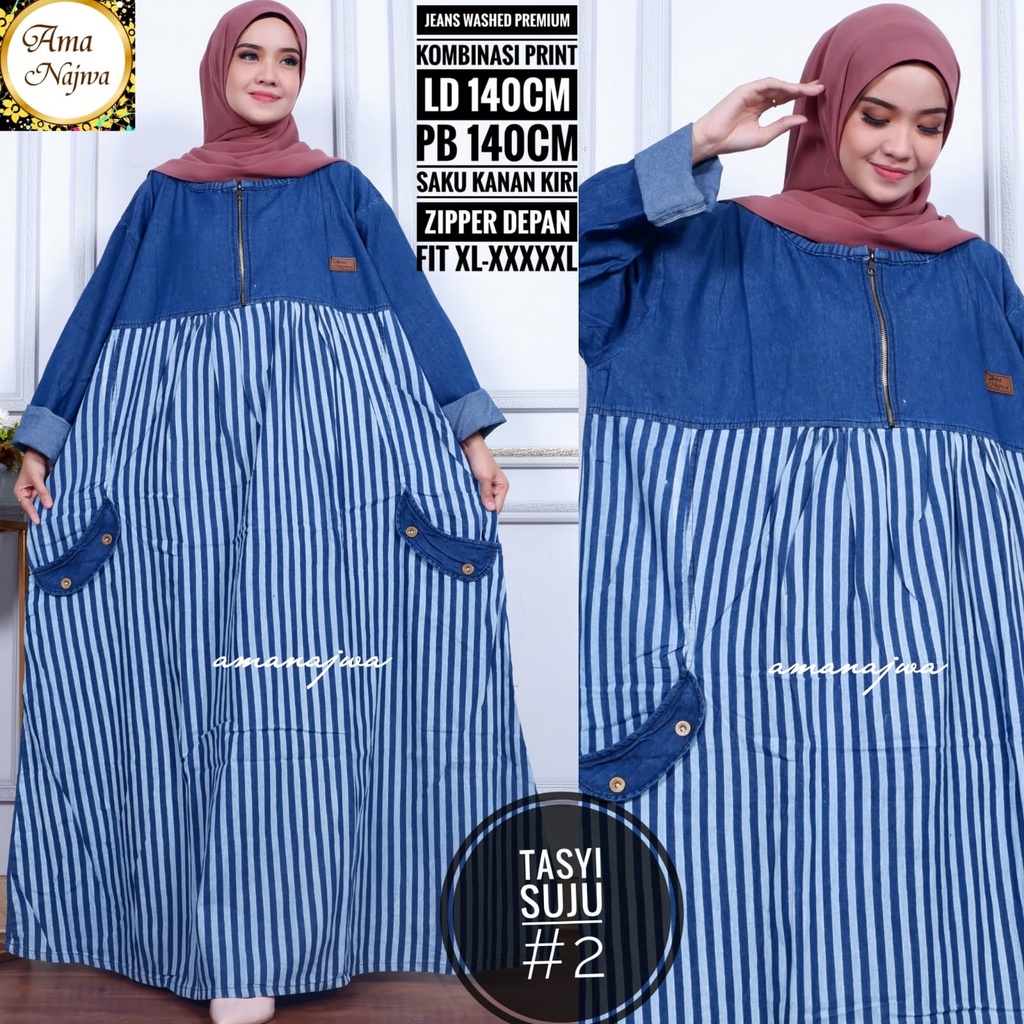 Promo Gamis Jeans Super Jumbo Termewah Fit XXXXL LD140-PB140 Zipper Depan Aktif Saku Kanan Kiri Moti