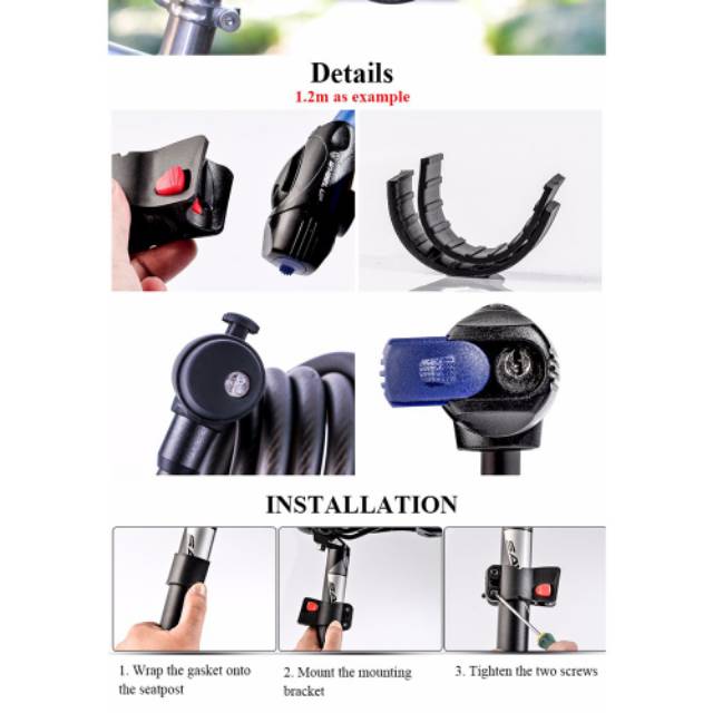 Kunci Gembok Sepeda Wheel UP Kabel 1.2m - QB1001-2006 - Black