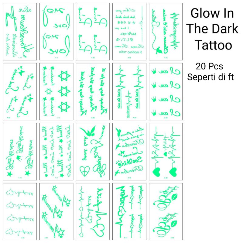 20 Pcs Glow In the dark Letter Temporary Tattoo Tulisan Tatto Tato Temporer Kalimat 20pcs