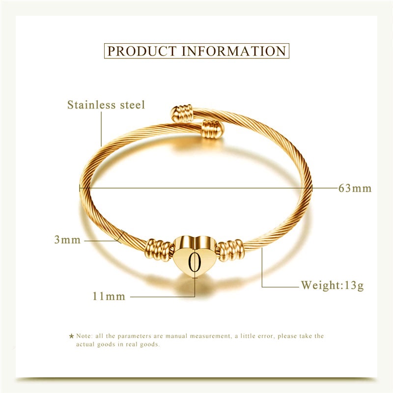 Gelang Huruf Titanium Inisial Letter Stainless Steel Warna Gold Hati Bangle Alfabet Charms Dalika