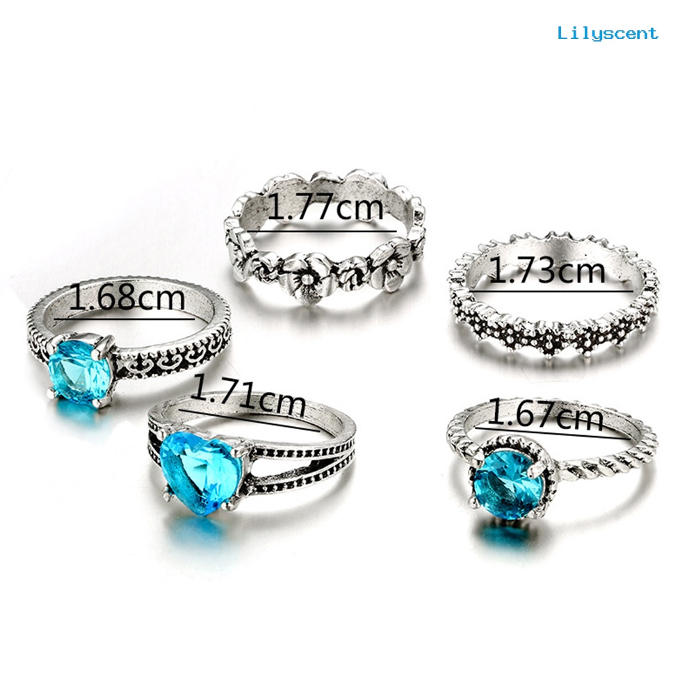 5pcs / Set Cincin Jari Bentuk Bunga Hati Hollow Aksen Berlian Imitasi Warna Biru Gaya Retro Boho Untuk Wanita