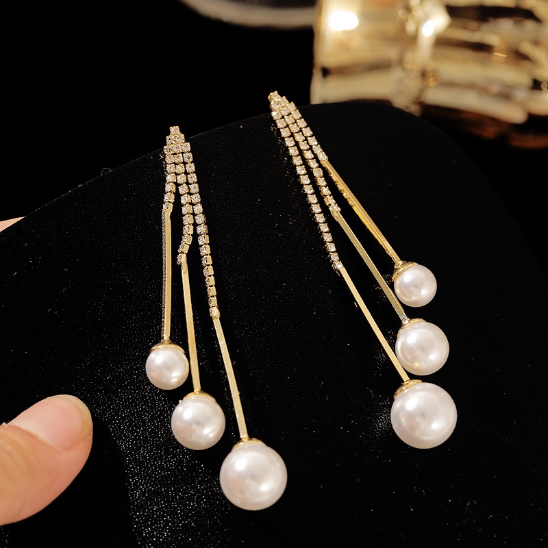 Sterling silver jarum Korea panjang elegan mutiara kepribadian rumbai anting-anting anting-anting un