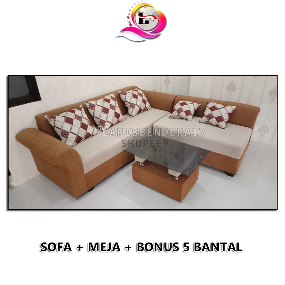 Sofa L Dagol + Meja Bernuansa Elegan & Klasik Untuk Di Ruang Tamu Anda | Brown Cokelat