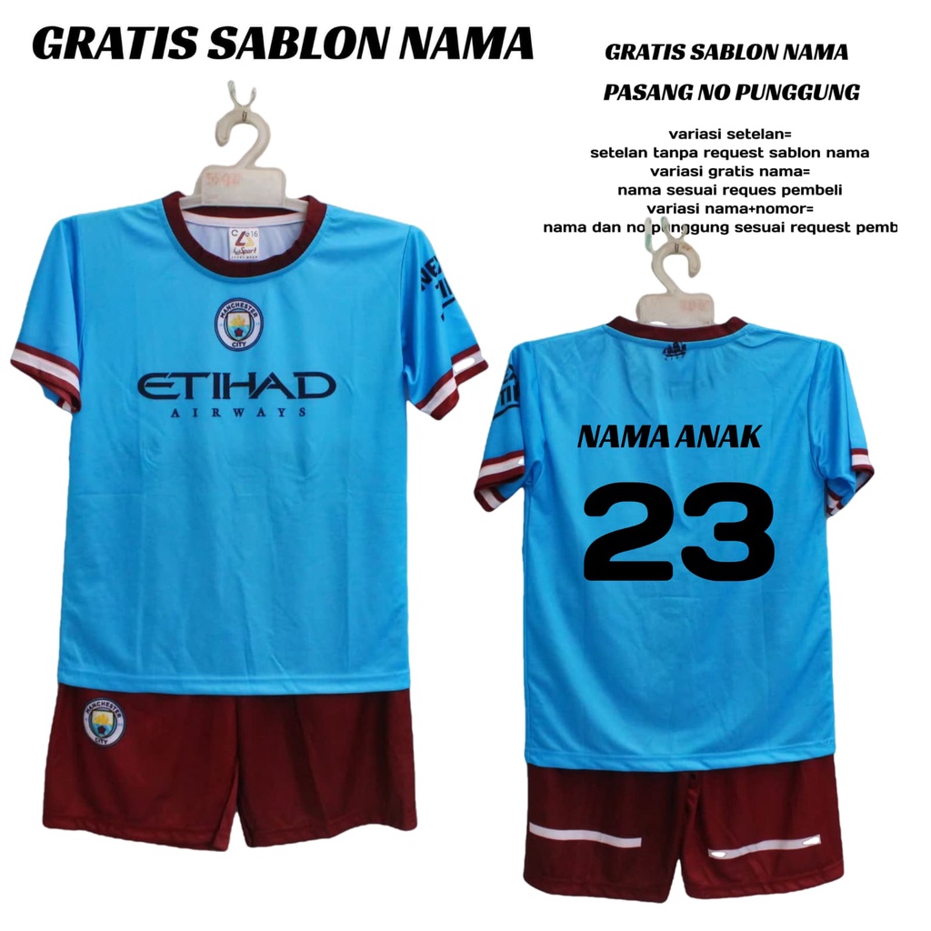 jersey setelan baju bola citi-manc printing size 5-12thn