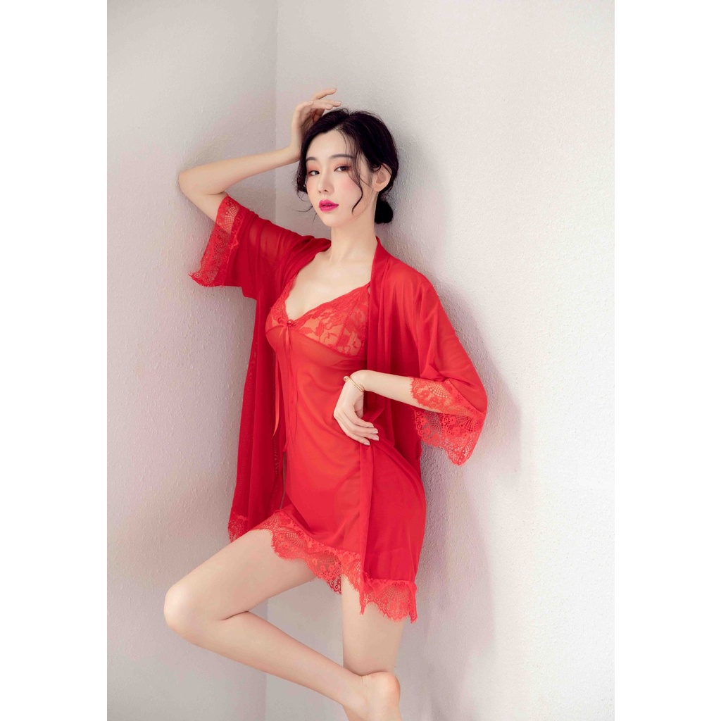 ORANGE ADULT Lingerie Seksi Baju Tidur Lace Seksi Lingerie Sexy Gaun Malam Seksi Lapisan Luar + Dalam - Merah1281