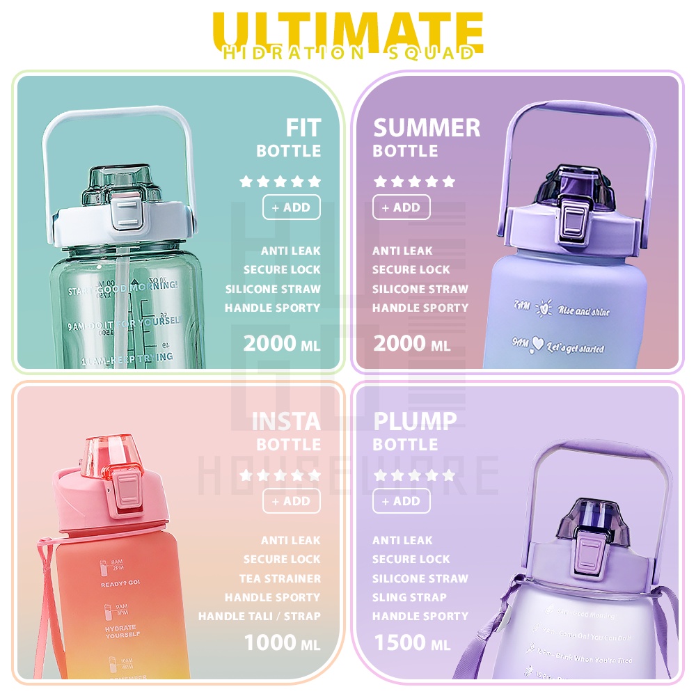 HUGO Botol Minum Motivasi Viral Botol Tempat Air Minum Premium Quality 1000ml/ 1200ml/ 1500ml/ 1800ml/ 2000ml Free Stiker