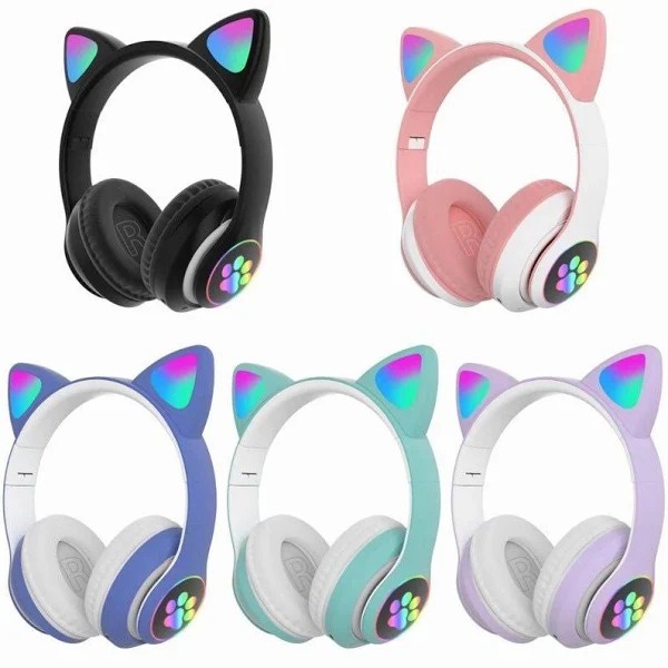 Headphone Bluetooh Bando Cute Cat Ear STN-28 Macaron Model Telinga Kucing LED