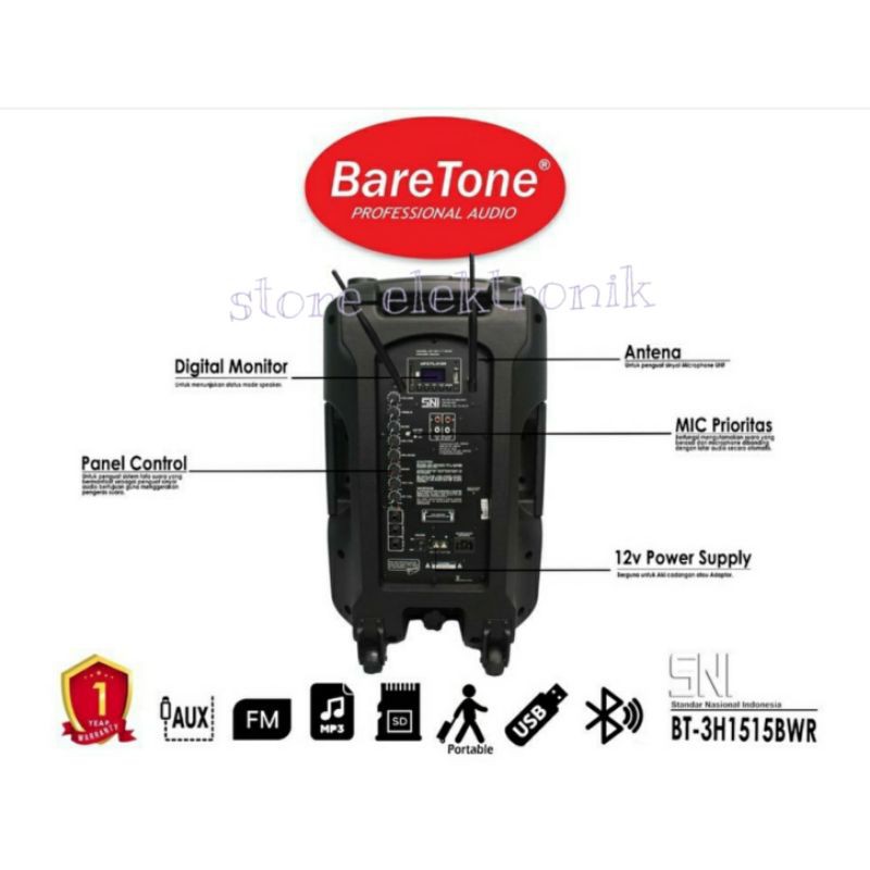 Speaker Baretone BT-3H 1515 BWR Speaker Portable 15 Inch Mic Wireless 2 Handheld