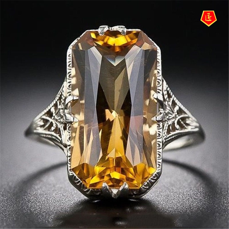 [Ready Stock]Citrine Hollow Carved Ring Fashion Exaggerated