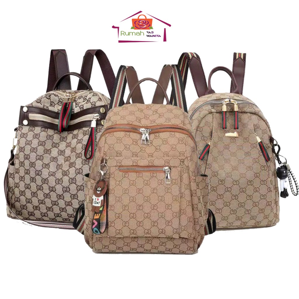 Tas Wanita Tas Ransel Wanita Kanvas Mocca Motif Huruf Free Gantungan Lucu Backpack Multifungsi