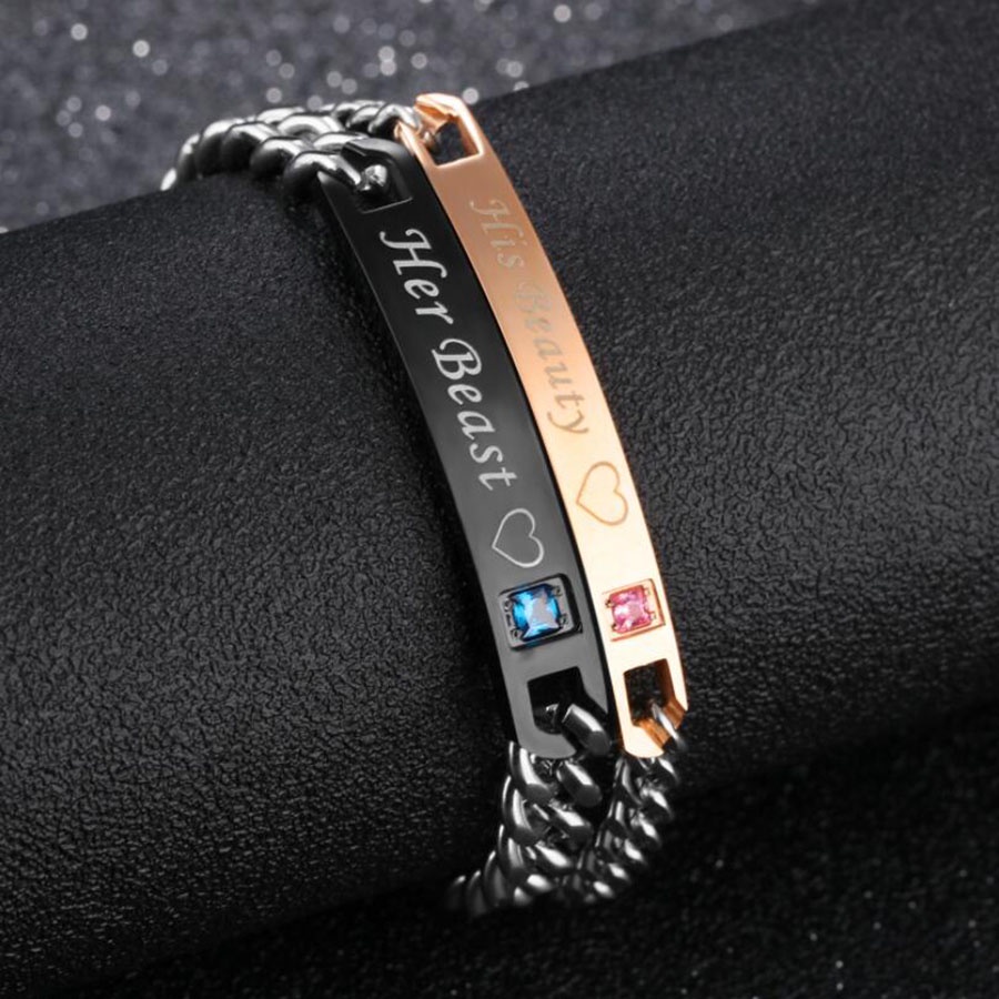 His Queen &amp; Her King Gelang Pasangan Perak Stainless Steel Rose Gold Hitam Kristal Berlian Fashion Pria Wanita Couple Bracelet