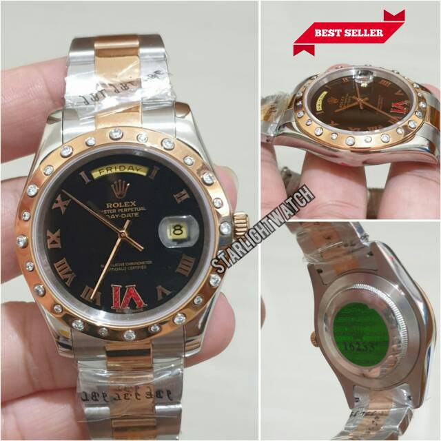 JAM TANGAN PRIA ROLEX DAY DATE AUTOMETIC SILVER COMBI GOLD BLACK DIAL