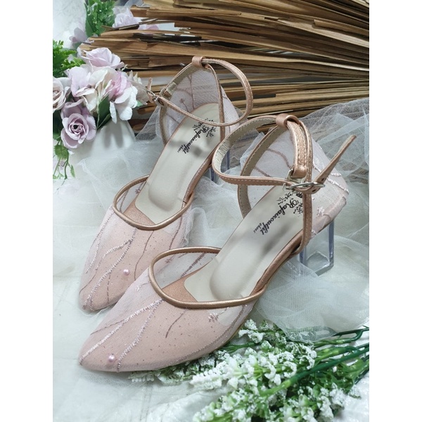 sepatu nataly rosegold tali tnggi 7cm kaca