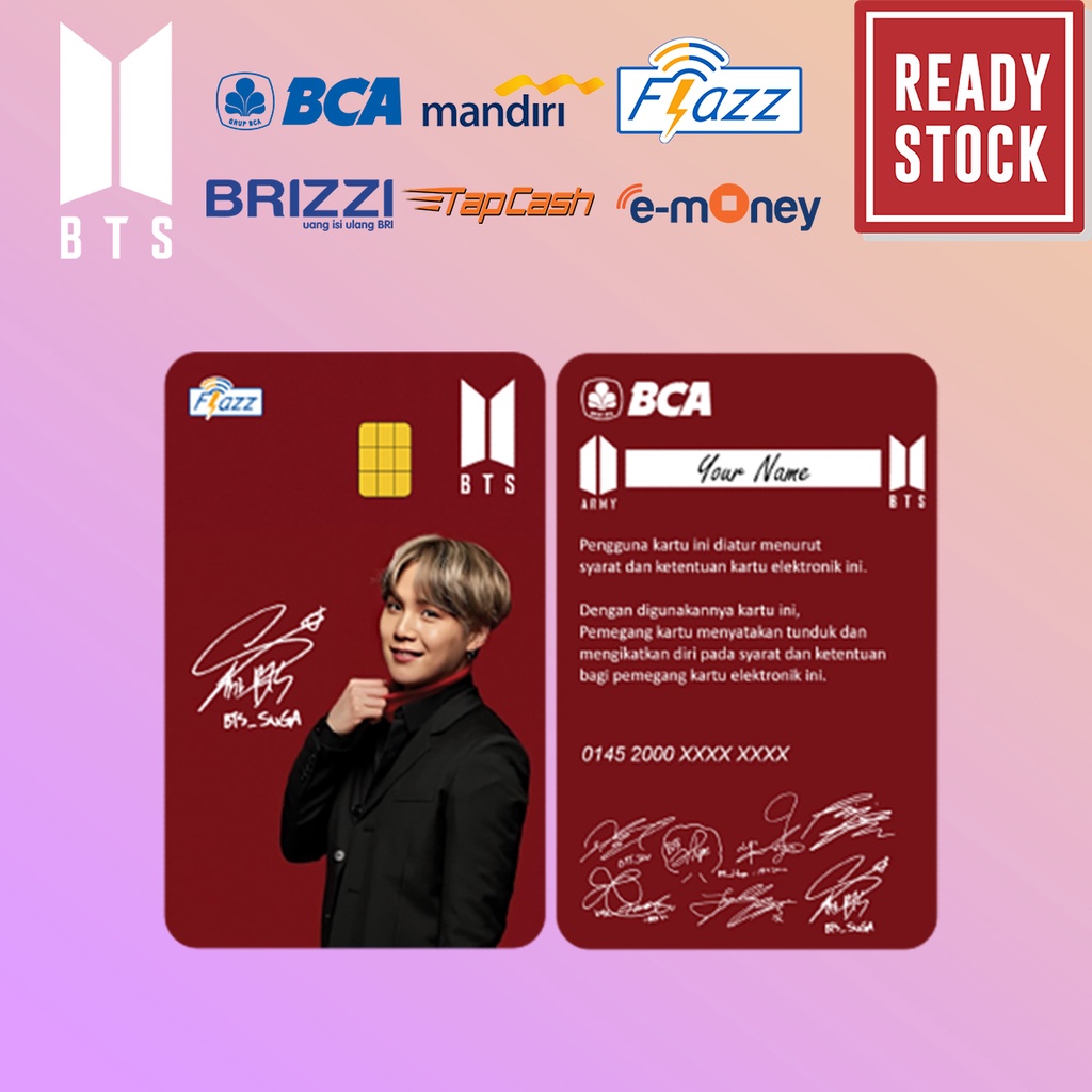 Emoney mandiri flazz bca gen 2 brizzi tap cash custom BTS ARMY jimin, jungkook, v, rm, j-hope, jin, suga kartu e toll free edit 1 sisi atau 2 sisi cocok untuk komunitas dan souvenir