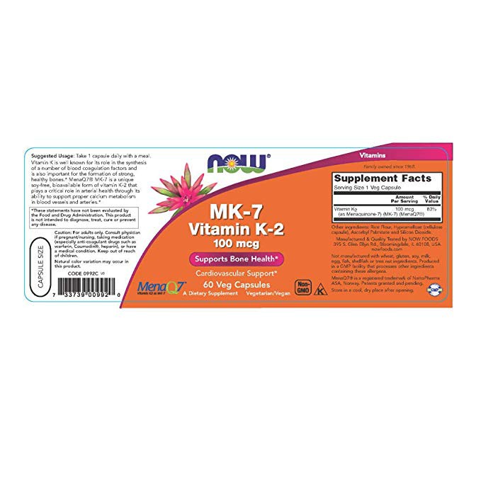 Now Foods MK7 Vitamin K2 100 mcg 60 Veg Cap ORI USA MK7 VIT K2