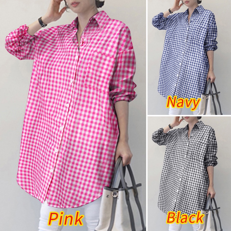 ZANZEA Women Casual Fashion Full Sleeve Turn-Down-Collar Plaid Color Print Long Blouse