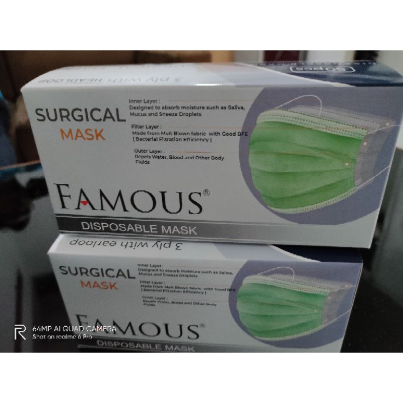 Masker EARLOOP medis Famous Masker 3 ply Masker box isi 50 pcs ada izin Depkes