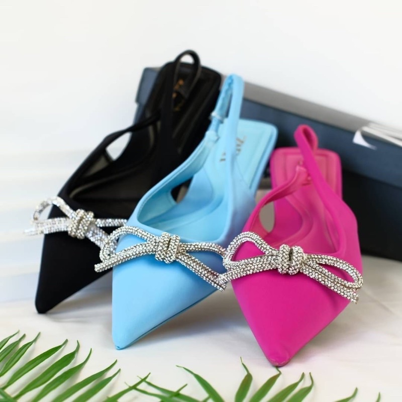 Sepatu Datar Teplek Pita Wanita ZR Flat Slingback Satin Silver Ribbon Shoes Premium Import, Hitam Bl