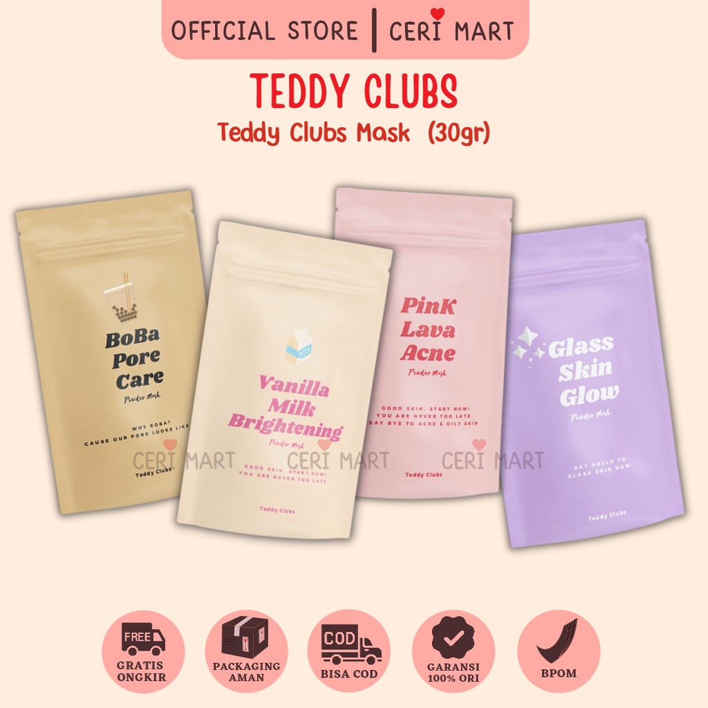 Teddy Clubs Mask BPOM Glass Skin Pink Lava Boba Pore Vanilla Milk 30gr Garansi Original