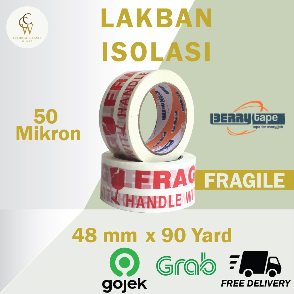 

Lakban Isolasi Fragile Putih BERRY TAPE 48mm / 2 Inch x 90 Yard Lakban Jangan Dibanting Merah Putih