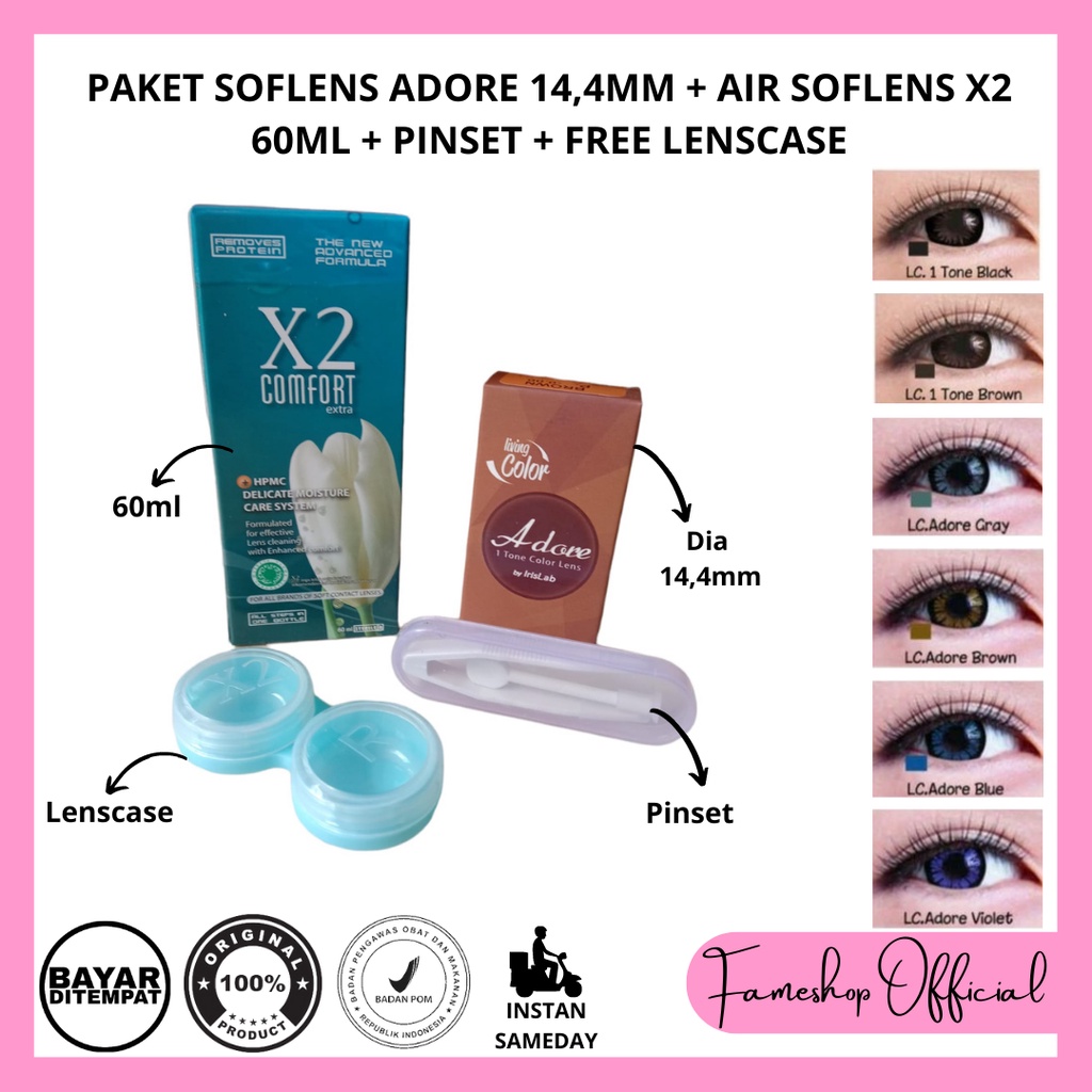 PAKET SOFTLENS ADORE DIA 14,5MM NORMAL &amp; MINUS + CAIRAN X2 60ML + PINSET + LENSCASE / COD INSTAN SAMEDAY / LENSA KONTAK / PAKET MURAH