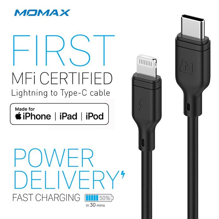 Momax ZERO 1.2M Kabel MFI Lightning to USB Type C PD 36W Fast Charging - Hitam