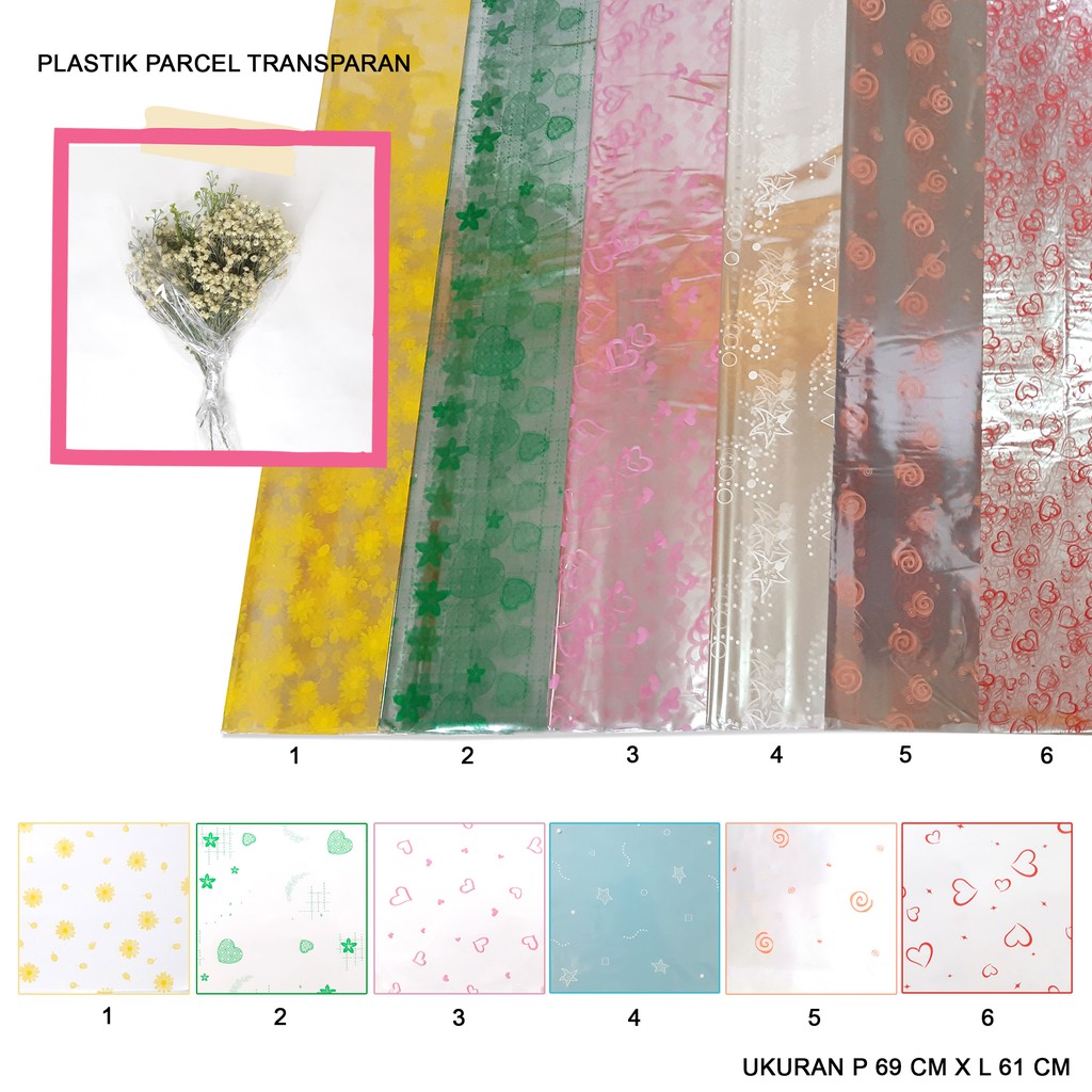 

KERTAS KADO PLASTIK TRANSPARAN. PARCEL. FLOWER WRAPPING. MOTIF DAN KILAP