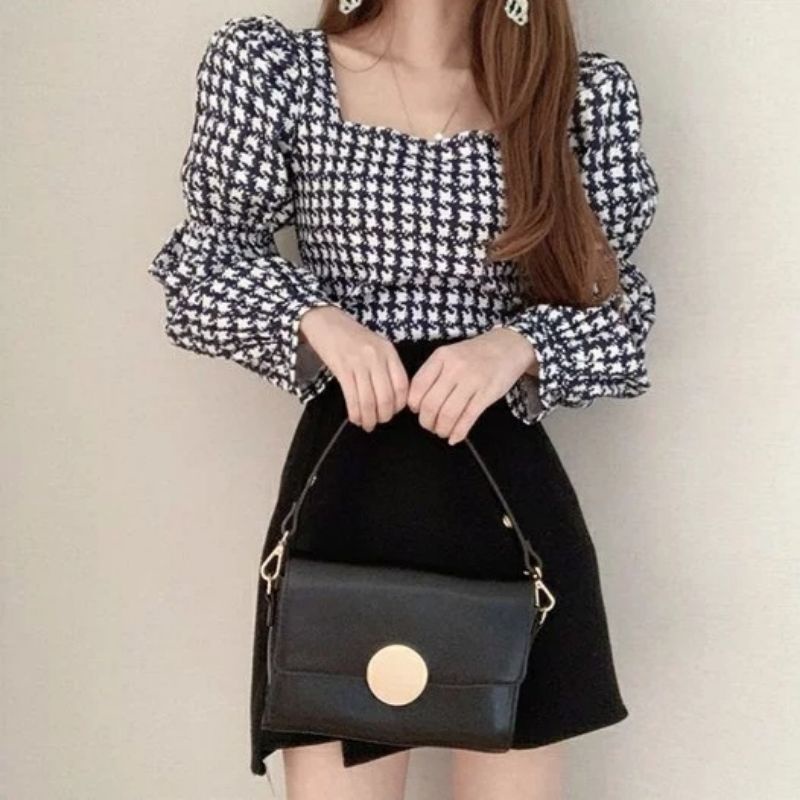 MDLV ~ 2657# Royal Smocked Top Atasan Blouse Houndstooth Fashion Import