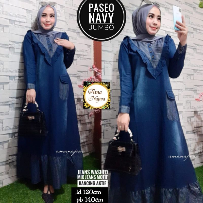 Gamis Jeans Wanita Super Jumbo Terbaru LD 120 Big Size Dress Fit To m- XXL ORI Ama Najwa