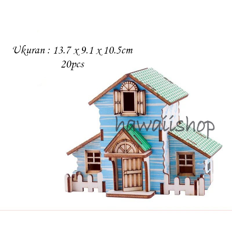 Hawaii Shop Puzzle 3D DIY bahan kayu FOREST HOUSE BLUE mainan puzzle edukasi anak (kado &amp; pajangan)