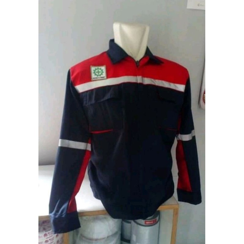 RESLETING BAJU SAFETY MERAH DONGKER KAIN DRILL BERLOGONK3 BENDERA WEARPACK ATASAN