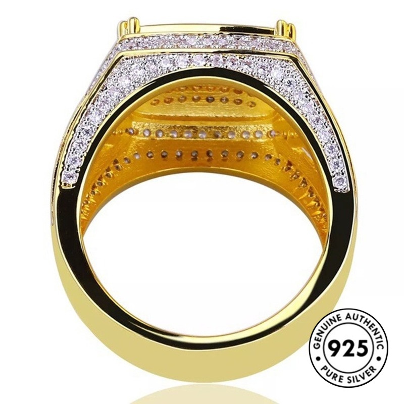 Cincin S925 Silver Lapis Emas Bentuk Kotak Aksen Berlian Untuk Pria