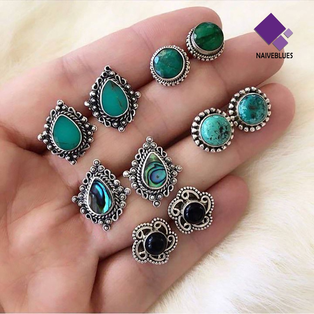 Naiveblue 5 Pasang Anting Tusuk Gantung Desain Tetesan Air Hias Turquoise Imitasi Gaya Bohemia Untuk Wanita