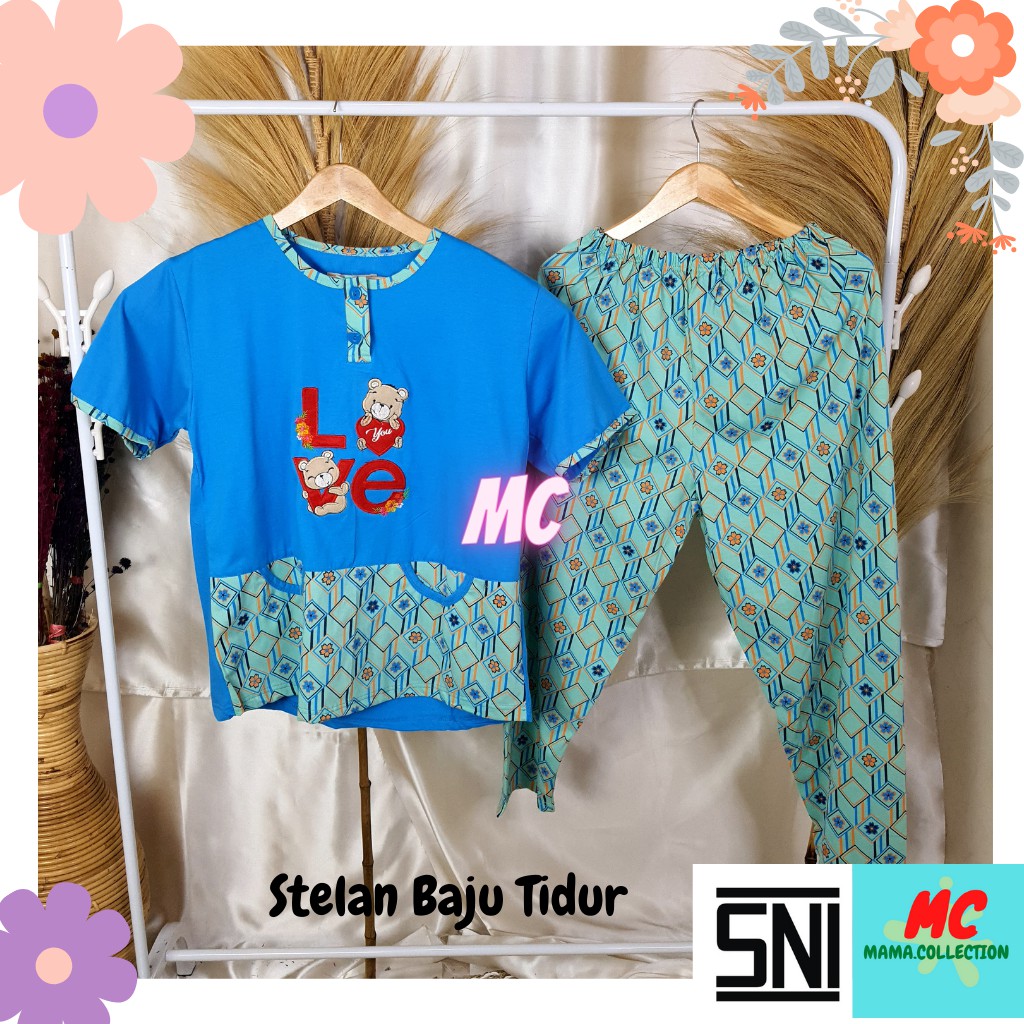 Baju Tidur CP Jumbo Daililan Premium Biru Piyama Wanita Baju Tidur Bahan 100% Kaos Super Tebal Adem
