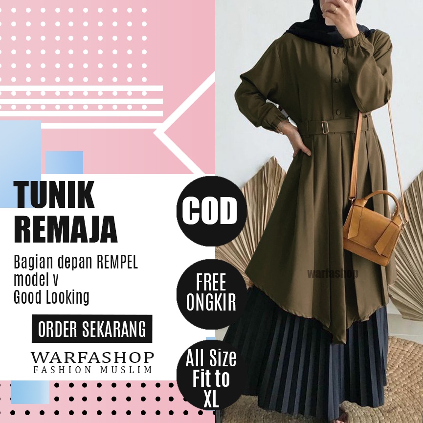 Tunik Wanita Terbaru 2021 Kekinian Remaja Dress Muslim Import Murah Warna Army Bahan Moscrepe Grade 