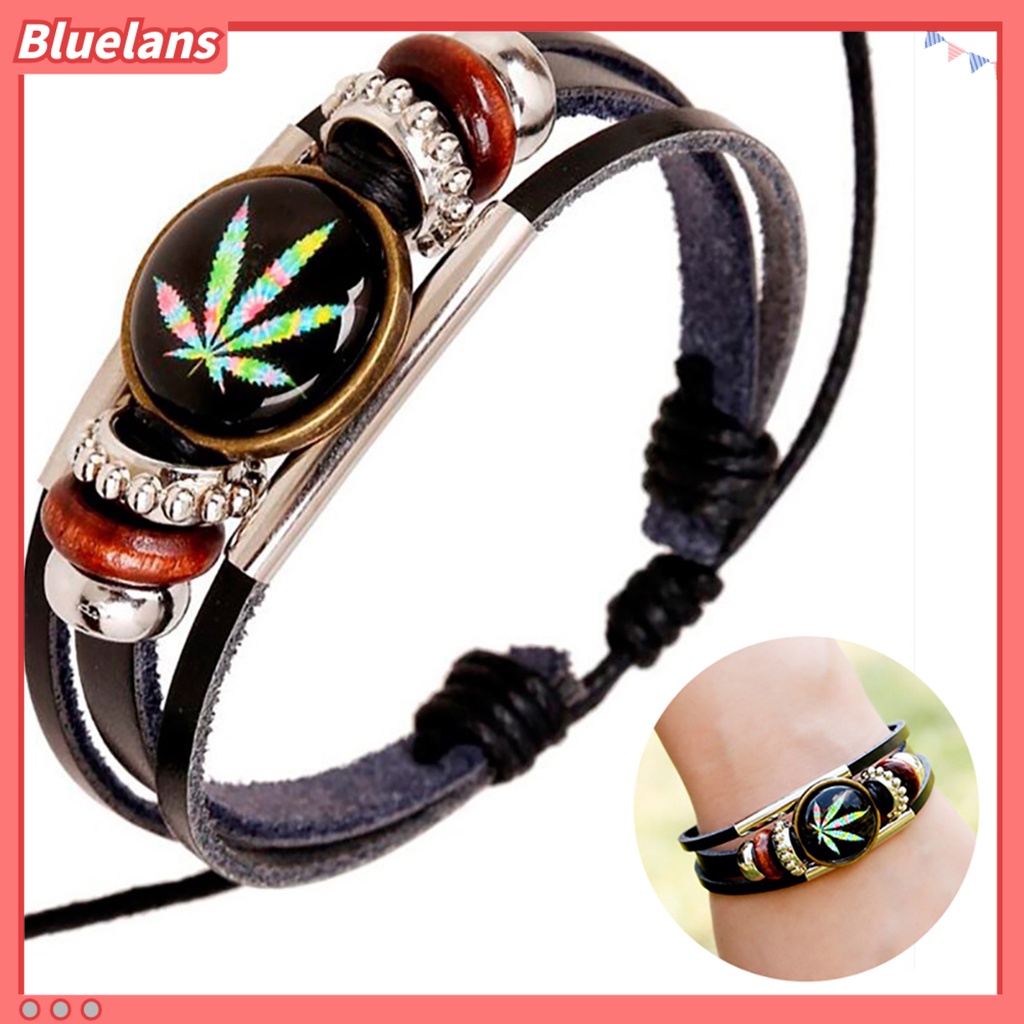 Bluelans Punk Unisex Maple Leaf Beads Faux Leather Wristband Jewelry Party Club Bracelet