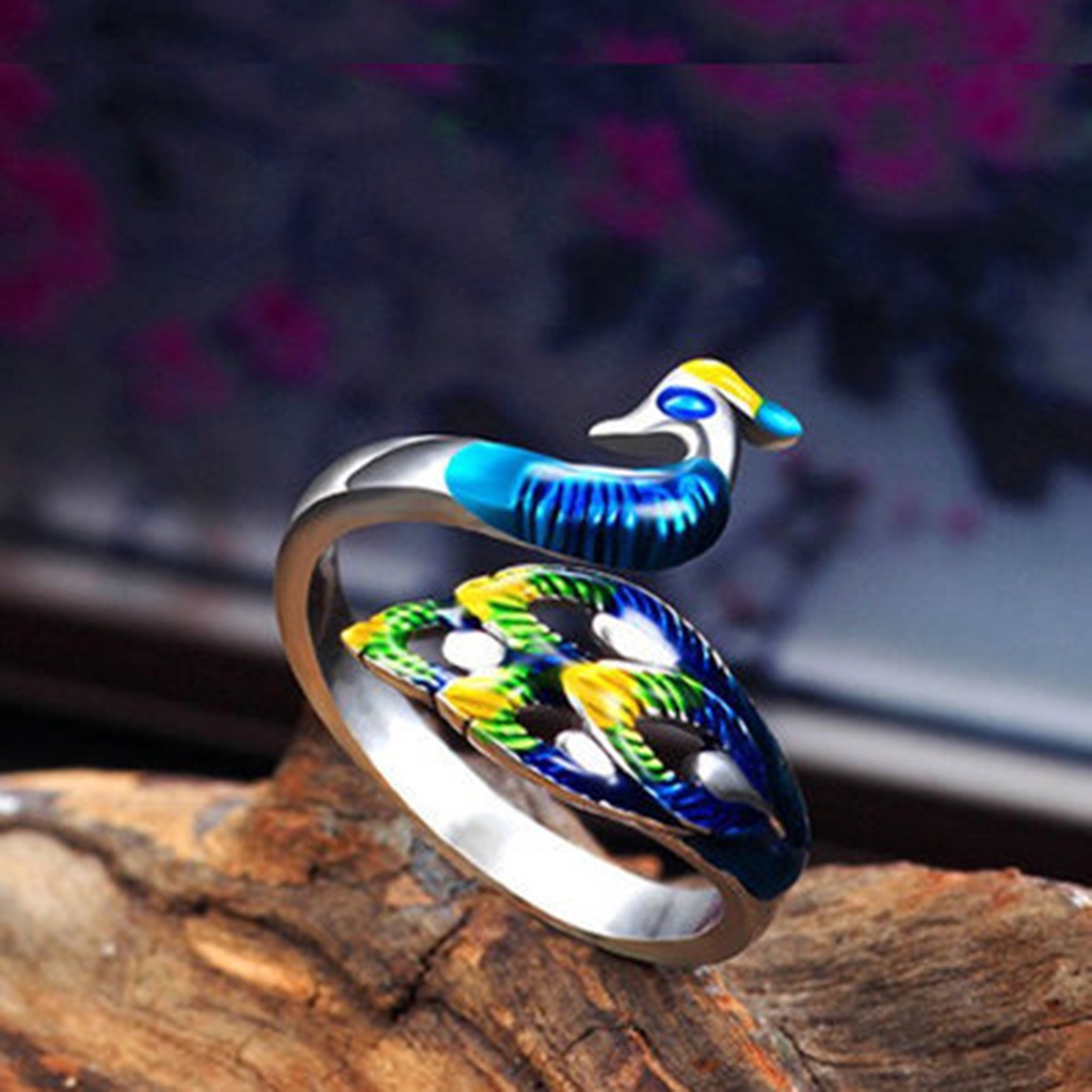 Hu Hu Hu Hu Hu Alat Bantu Pasang Kacamata♡ Gelang Cincin Electroplating Desain Merak Warna-Warni Gaya Elegan Untuk Wanita