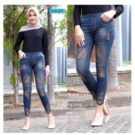 Delore jeans ripped bahan melar pinggang karet deep brown [RSL]