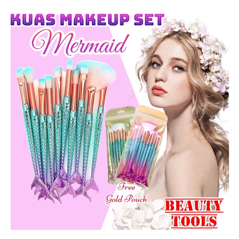 AZ Premium Brush Kuas Make Up Mermaid 10in1 / Make Up Tools / Alat Make Up / Brush Make up Set