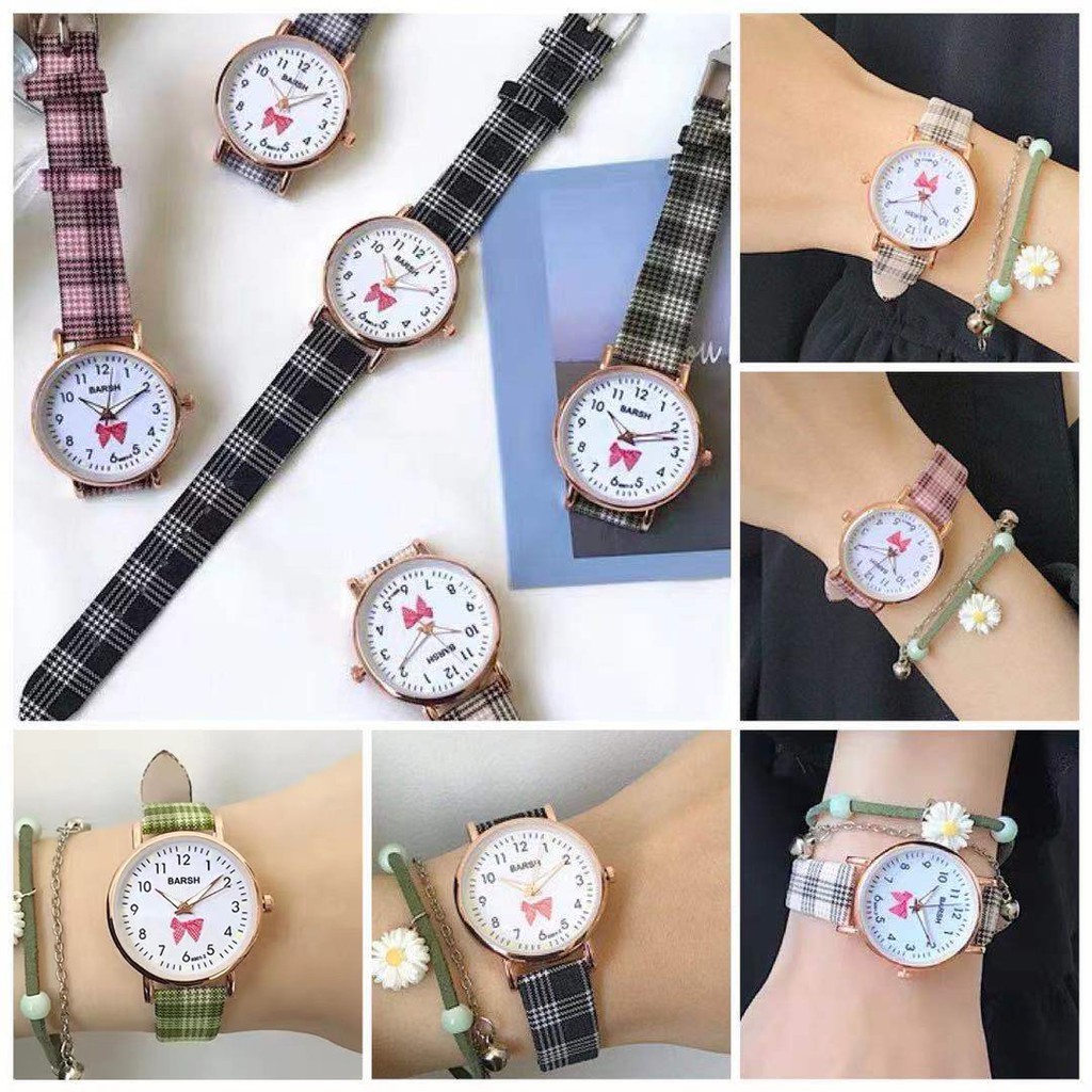 Jam Tangan Quartz Analog Wanita Strap Pu Kotak-Kotak Motif Pita Fashion Aksesoris Wanita Jam Analog