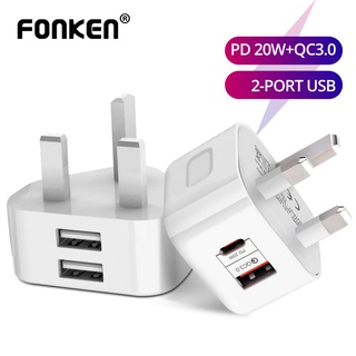 FONKEN UK Plug Dual USB Charger 5V2A Universal Travel Charging Head British Standard PD20W+QC3.0 Travel Charger 5V1A Power Adapter
