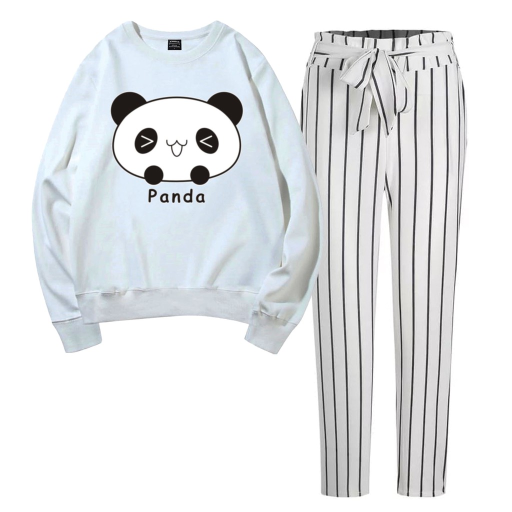 Baju Setelan Wanita Murah / Setelan Sweater + Celana Salur Putih - PANDA CUTE