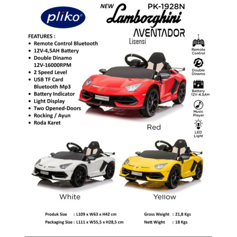 Mobil aki anak Pliko Lambhorghini Aventador PK 1928 N lisensi