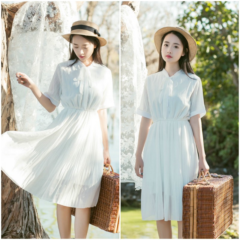 Baju Mini Midi Dress Plisket Lipat Putih Korea Bangkok Vintage