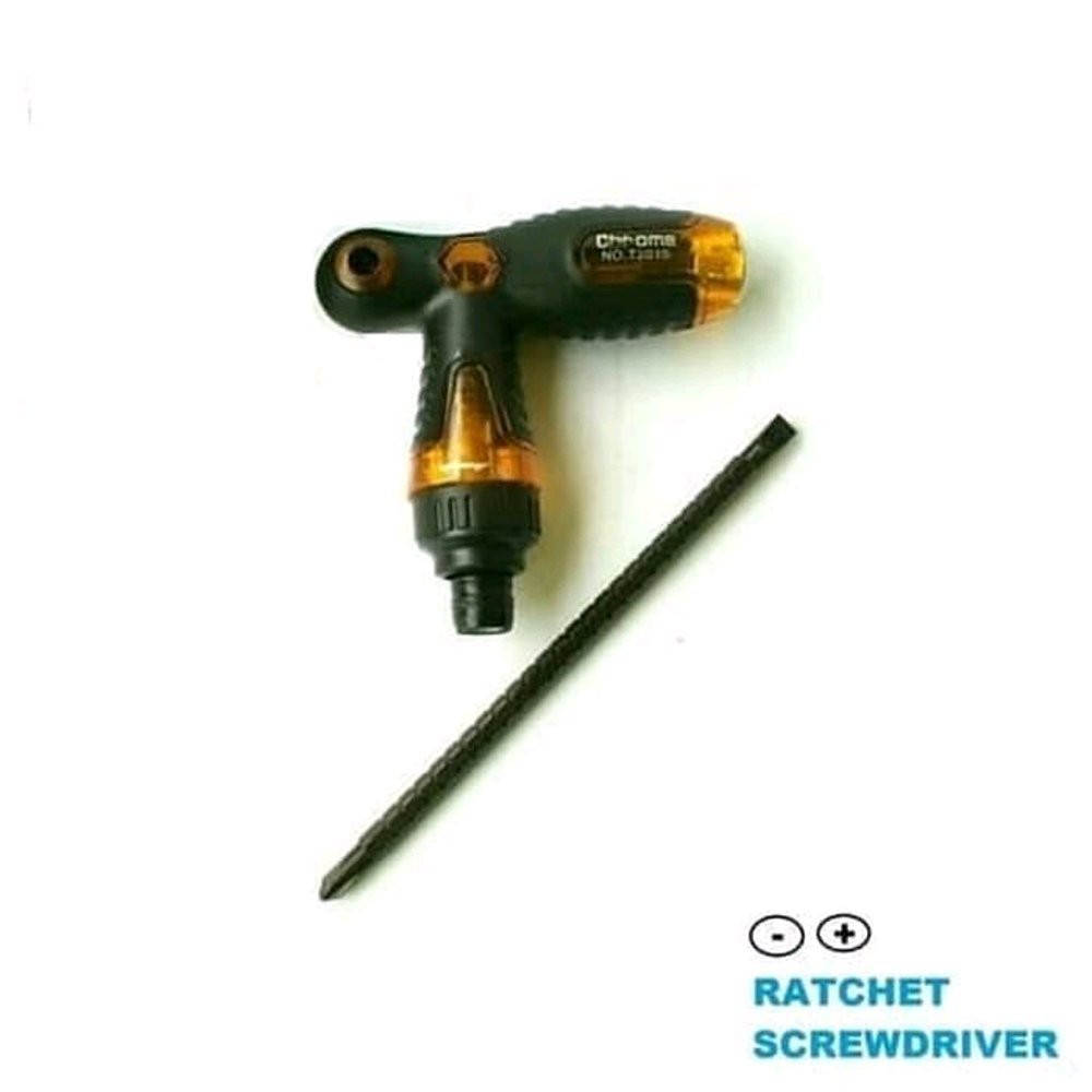 Obeng Ratchet T Chrome 2in1 Screwdriver - Obeng T Bolak Balik Rachet 2 Way Mata Magnet Plus Minus - Gagang Karet